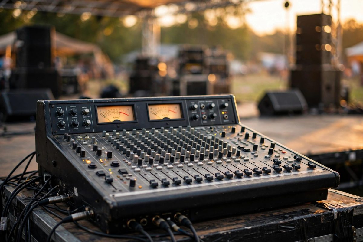 Mixer audio analog dengan fader dan knob saat soundcheck di panggung event outdoor