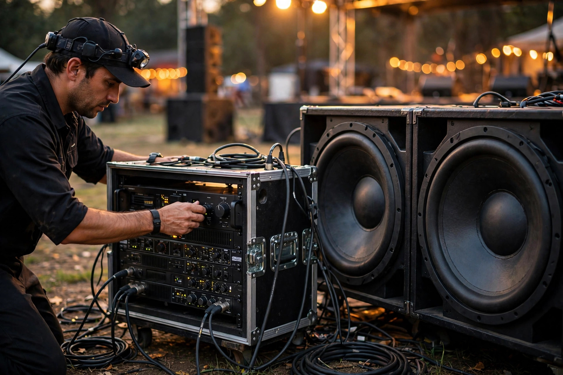 Teknisi sound system menyesuaikan watt power amplifier dengan speaker lapangan
