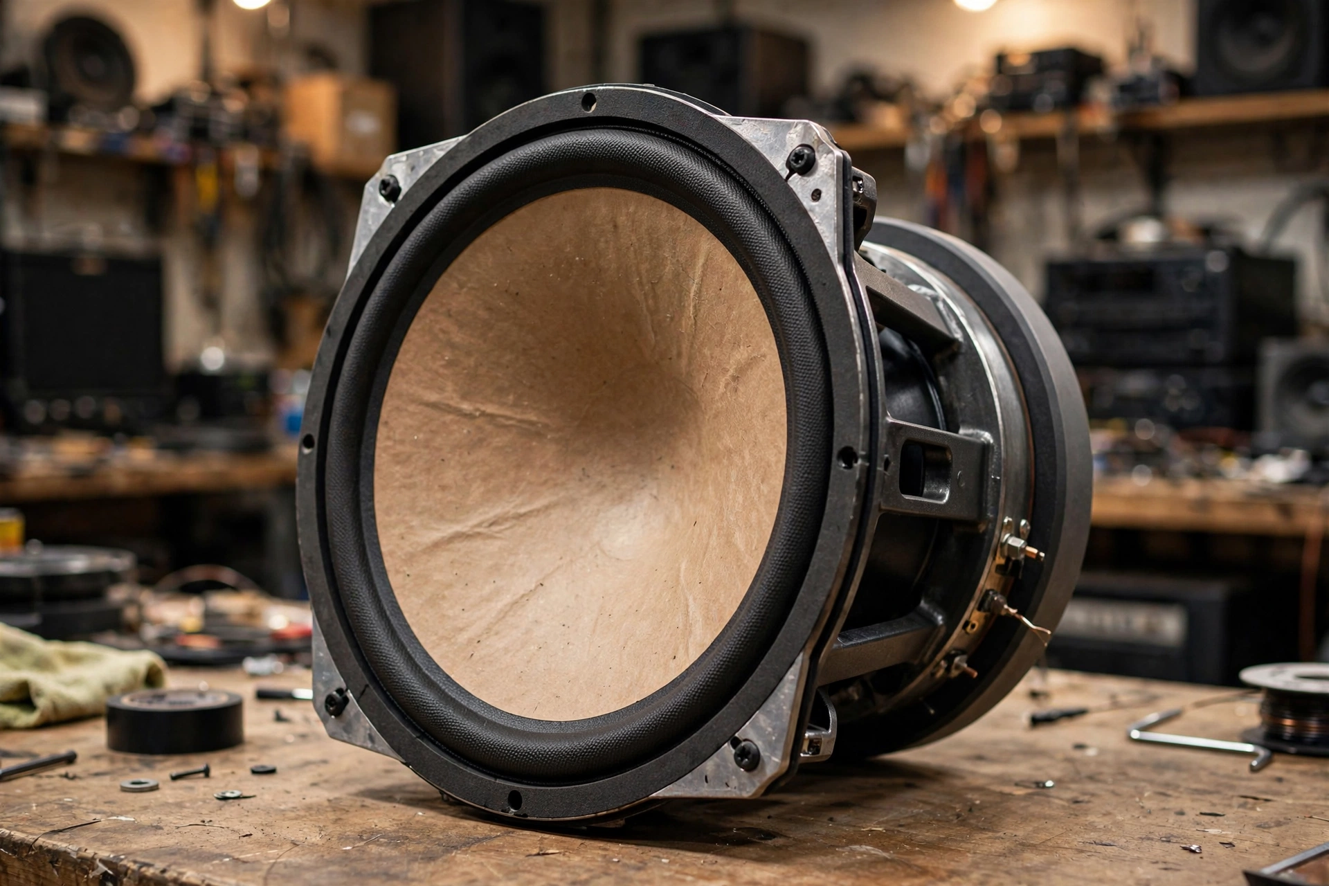 Komponen speaker 18 inch profesional di atas meja workshop audio